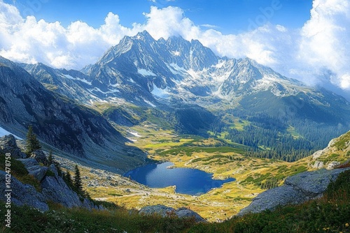 Scenic view of a mountain range with a clear blue lake nestled in a green valley under a bright blue sky with fluffy white clouds