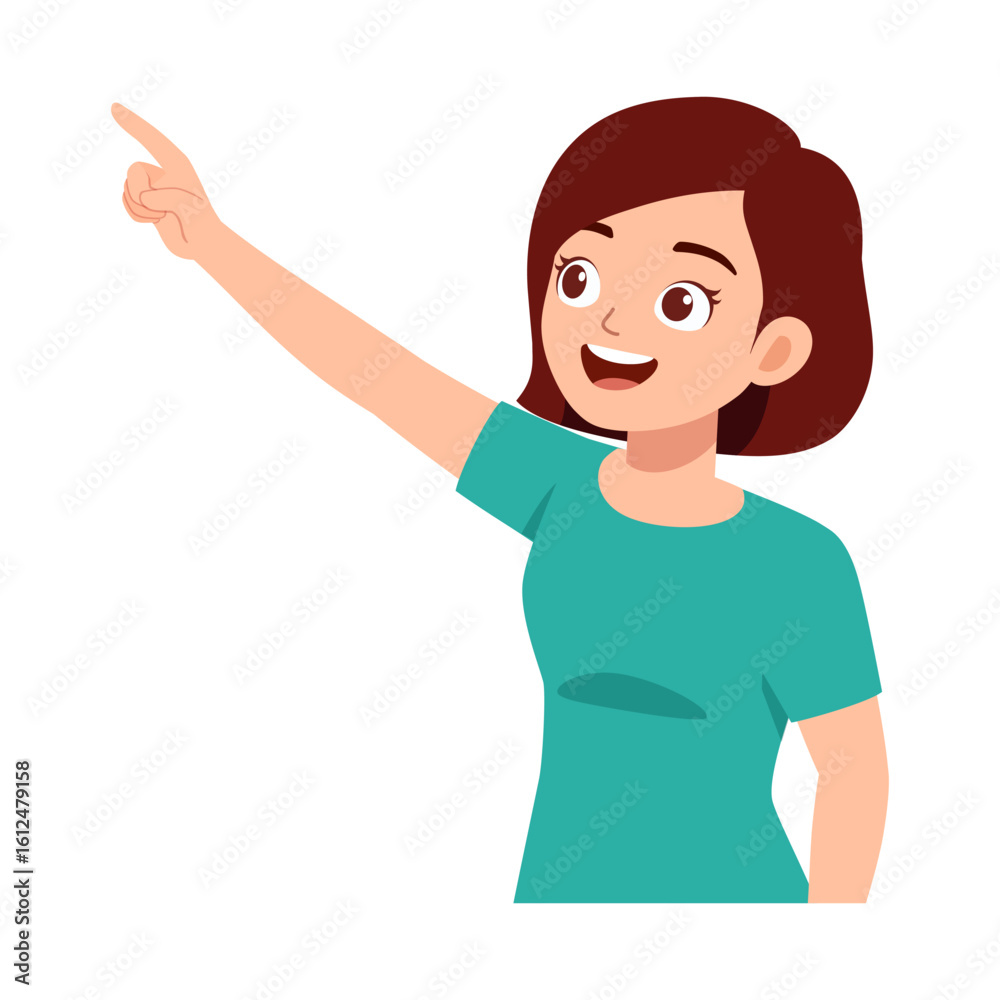 Smiling Woman Pointing Upward with Optimistic Expression in a Cartoon Illustration Smiling Woman Pointing Upward with Optimistic Expression in a Cartoon Illustration