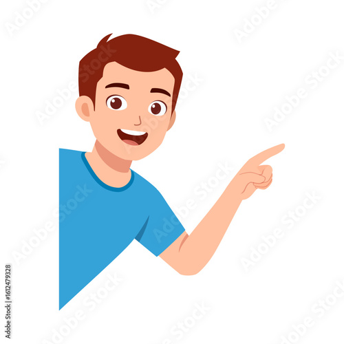 Happy young man pointing to the side with smiling and wearing a blue t-shirt cartoon style