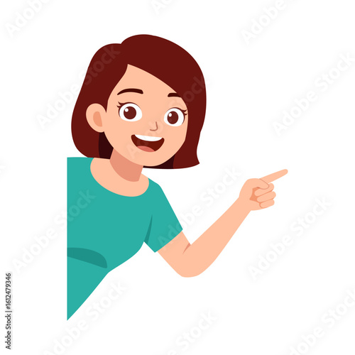 Smiling woman pointing to the right side looking happy and wearing a turquoise shirt illustration