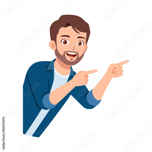 Enthusiastic Caucasian Man Pointing Fingers with Cheerful Expression in Colorful Illustration