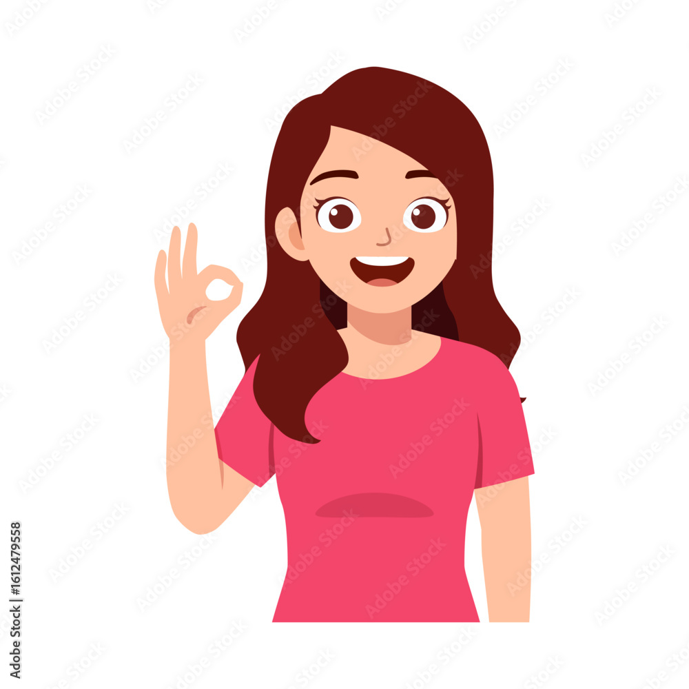 Happy young woman showing okay sign, smiling friendly, portrait illustration on white background. Happy young woman showing okay sign, smiling friendly, portrait illustration on white background.