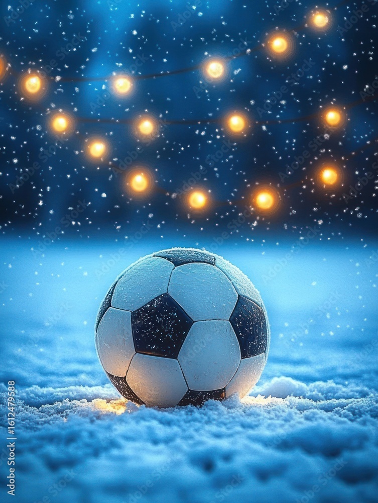 Naklejka premium soccer ball resting on snow under falling snowflakes with warm glowing string lights in the background during winter evening
