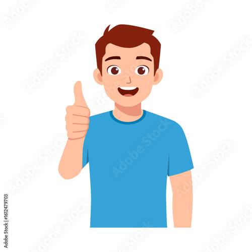 Happy Caucasian Man with Thumbs Up in Blue Shirt, Smiling and Showing Approval in Cartoon Style