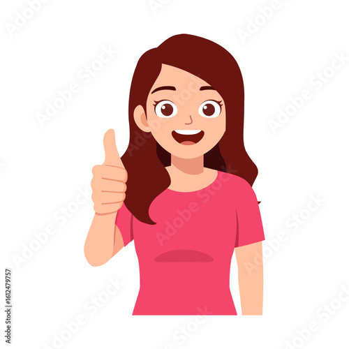 Happy young woman giving thumbs up with positive expression, smiling, good attitude in a cartoon style