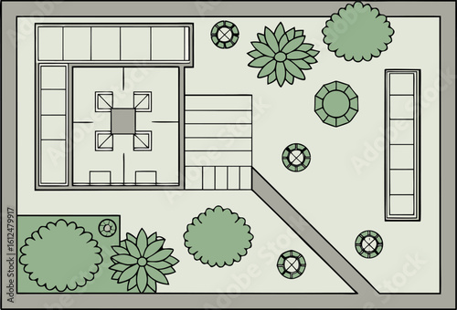 Top view of a simple garden layout with patio and plants