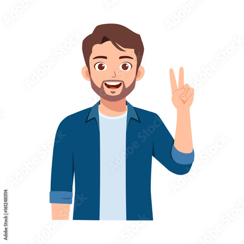 Bearded man in blue shirt with happy expression making a peace sign gesture