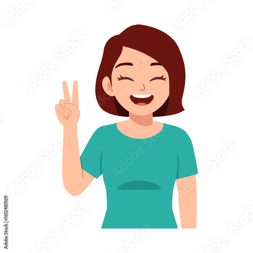 Happy young woman making peace sign gesture with cheerful smile and casual wearing shirt