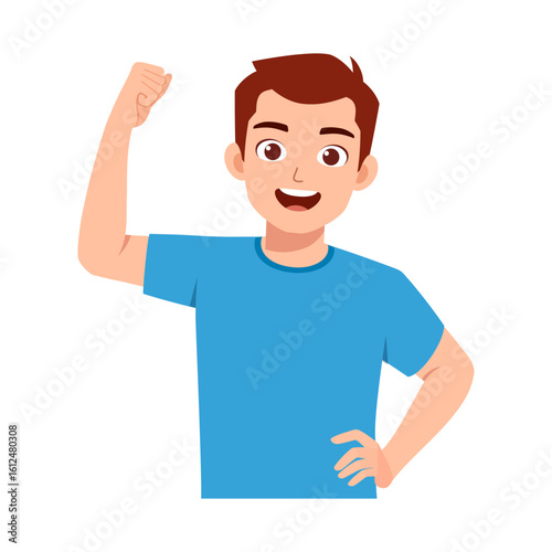 Happy Young Caucasian Man Smiling and Posing with Raised Fist in Illustration Style