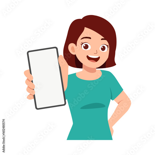 Happy Caucasian Woman Holding Up a Blank Smartphone Screen with a Smile in Illustration