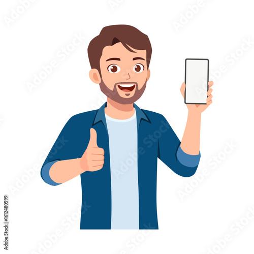 Happy Man Holding Smartphone and Giving Thumbs Up, Advertising Mobile App Illustration