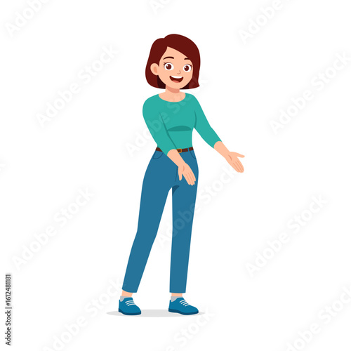 Cheerful Young Woman Standing with Open Palms Offering or Presenting in Casual Clothing