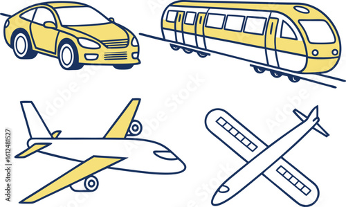 Yellow and blue transportation icons car train airplane