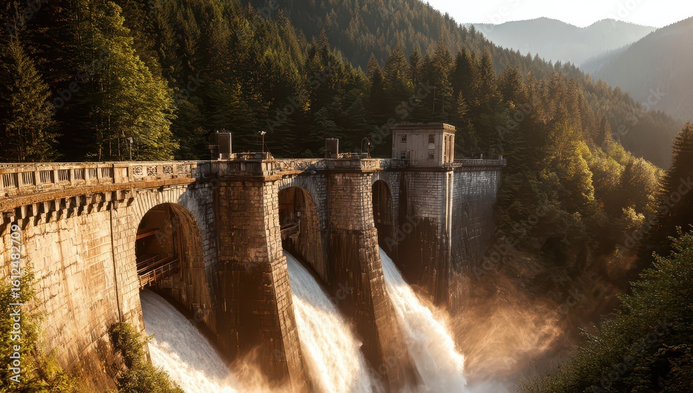 Fototapeta premium Mountain dam, flowing water, sunset light