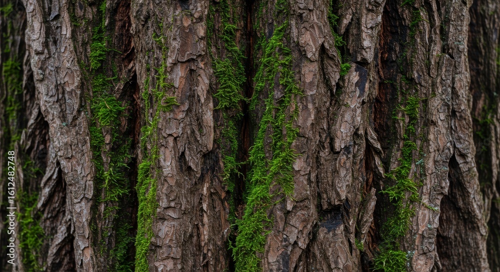 Close up of a textured tree bark with patches of green moss growing in the crevices Close up of a textured tree bark with patches of green moss growing in the crevices