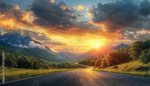 Fototapeta Naklejka Na Ścianę i Meble -  Curving road through green valley with sun setting behind mountains casting golden light and colorful clouds in a dramatic sky