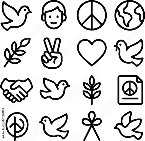 Simple Line Drawing Peace Symbol and Dove Element Icon Collection