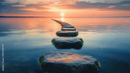 Calm sunset over water with a path of stepping stones leading into the horizon under colorful sky