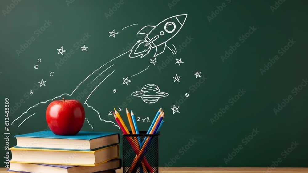 Clean image of apple and stacked books with chalkboard and space for text.
