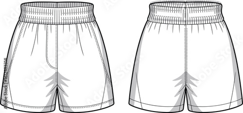 PrintCasual athletic shorts front and back mockup, elastic waistband detail, stylish unisex sportswear design, comfortable fit apparel illustration template