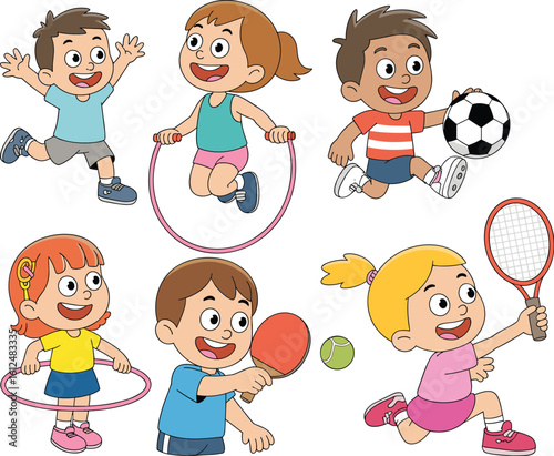PrintChildren enjoying multiple sports activities, cartoon style illustration, playing soccer, tennis, ping pong, hula hoop, energetic kids