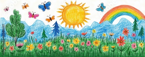 Bright sunny day landscape with colorful flowers, green grass, butterflies flying, tall trees, blue mountains in the background, and a vibrant rainbow arching across the sky