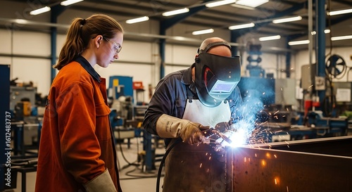 Teen learning welding with adult