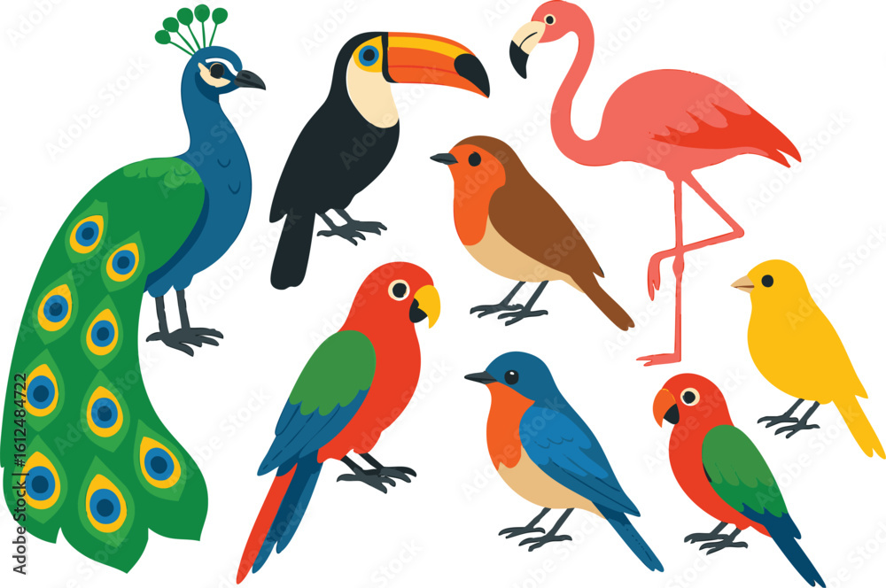 Obraz premium Vector art of a delightful collection of diverse birds, including a peacock, toucan, flamingo, parrots, robin, bluebird, and yellowbird isolated on transparent background