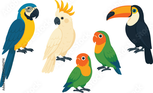 Vector art of a charming group of exotic birds, including macaws, a cockatoo, lovebirds, and a toucan, isolated on a transparent background
