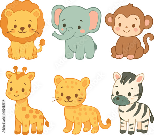 Vector art of a delightful set of baby safari animals including a lion, elephant, monkey, giraffe, leopard, and zebra isolated on transparent background