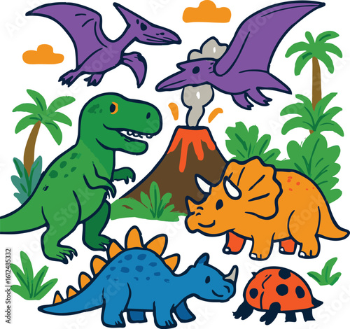 Vector art of a vibrant prehistoric scene featuring a variety of friendly dinosaurs and a smoking volcano, perfect for childrens illustrations isolated on transparent background