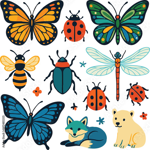 Vector art of a delightful collection of colorful insects and woodland animals, including butterflies, ladybugs, a bee, a dragonfly, a beetle, a fox, and a bear isolated on transparent background