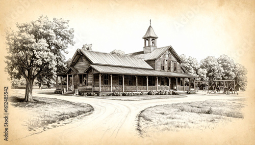 Wallpaper Mural 20th Century Architectural Sketch on Aged Paper: An Old Country Schoolhouse 160 Torontodigital.ca