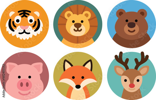 Cute cartoon animal faces in oval shapes isolated on transparent background