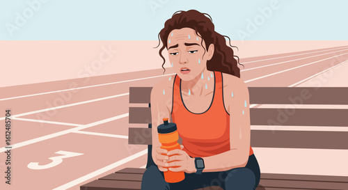 Exhausted athlete with sweat droplets, orange tank top, and water bottle on bench.