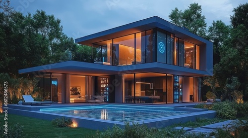 Modern two-story glass house illuminated with warm interior lights surrounded by lush greenery and featuring a reflective swimming pool at dusk