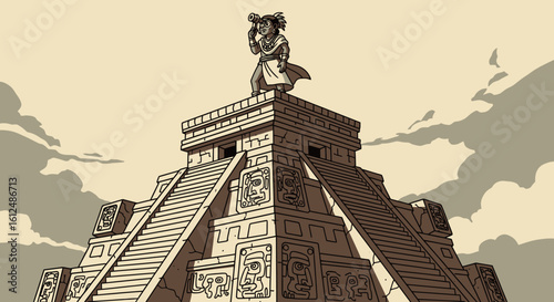 Mayan Explorer Surveying Ancient Pyramid from Summit