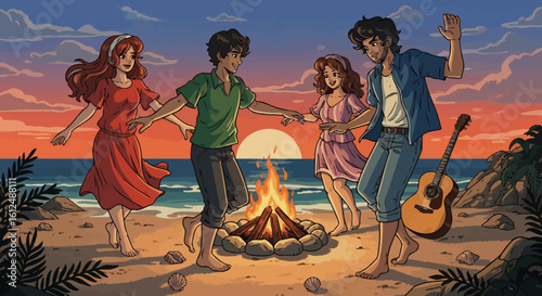 Sunset Beach Bonfire Dance: Young Friends Celebrate with Music and Firelight