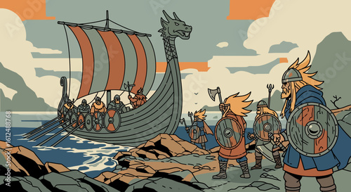 Viking Longship Arriving at Rocky Shore, Warriors Await