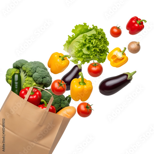 Fresh vegetables spilling from a brown paper bag isolated on transparent background
