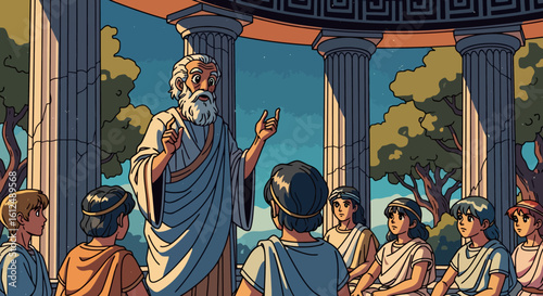 Ancient Greek Philosopher Lecturing Young Students in a Temple
