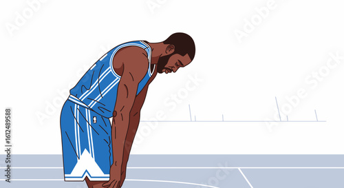 Animated Basketball Player in Blue Uniform, Head Down, Exhausted and Defeated.