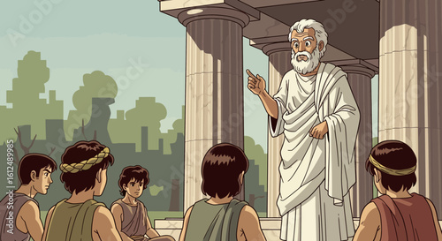 Animated Scene of Ancient Greek Philosopher Teaching Students Near Colonnade
