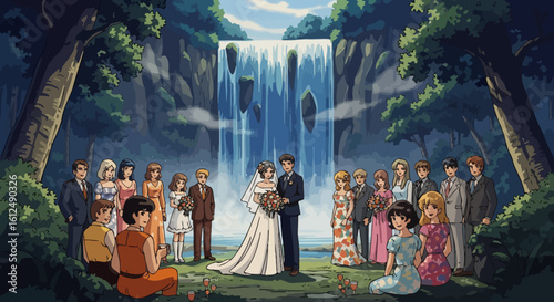 Animated Wedding Ceremony with Waterfall Backdrop and Attendees.