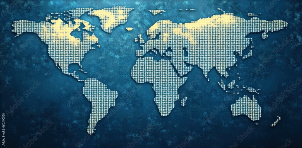 Obraz premium Stylized world map made of small circular patterns on a textured blue background showcasing continents and countries with a modern and artistic feel