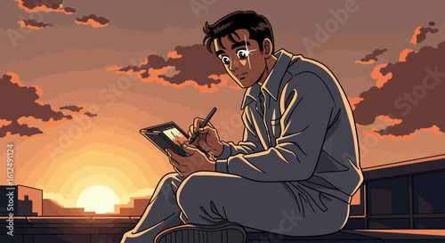 Artistic Man Drawing Digital Art at Sunset