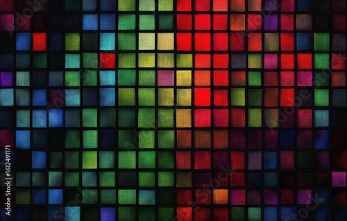 Close-up view of a vibrant digital mosaic of illuminated colored squares in shades of blue, green, red, purple, and yellow creating an abstract pattern