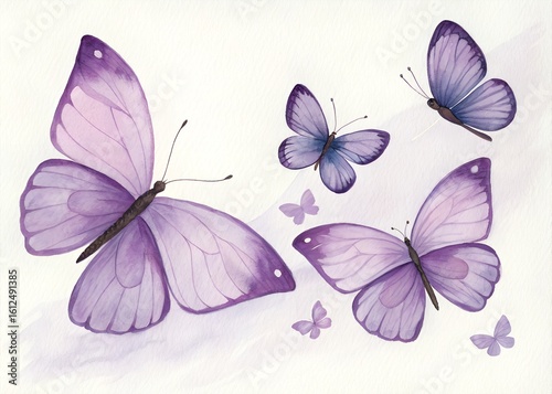 Watercolor Painting of Purple Butterflies Flying on a White Background for Spring