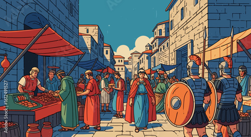 Bustling Roman Marketplace Scene with Merchants, Citizens, and Legionaries