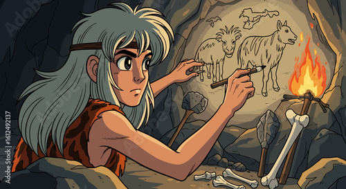 Cave Artist Depicting Animals with Firelight Illuminating Ancient Artwork